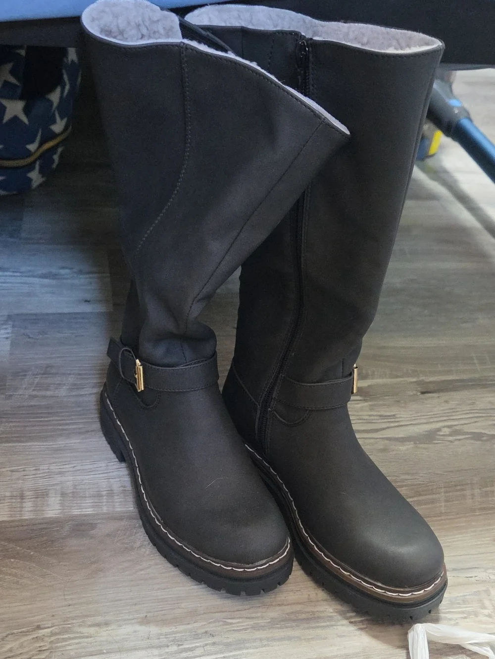 Black Faux-Shearling Tall Winter Boots with Buckle Detail